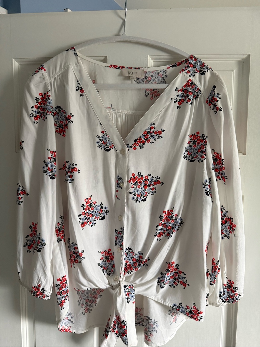LOFT White Floral Tie-Front Blouse with Red & Navy Sprigs